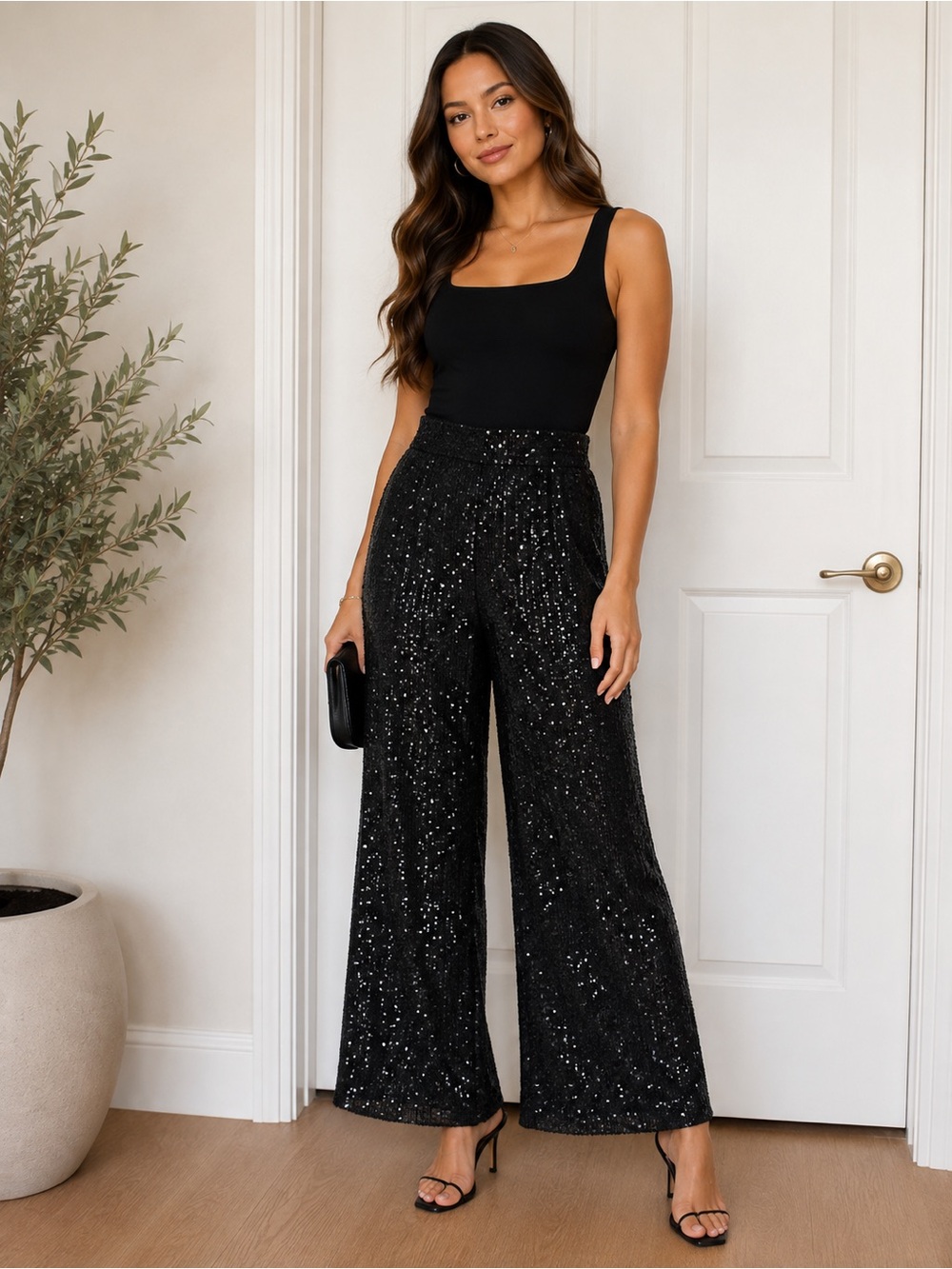 New Faeriesty Black Sequin Wide Leg Pants High Rise Party Glam Large